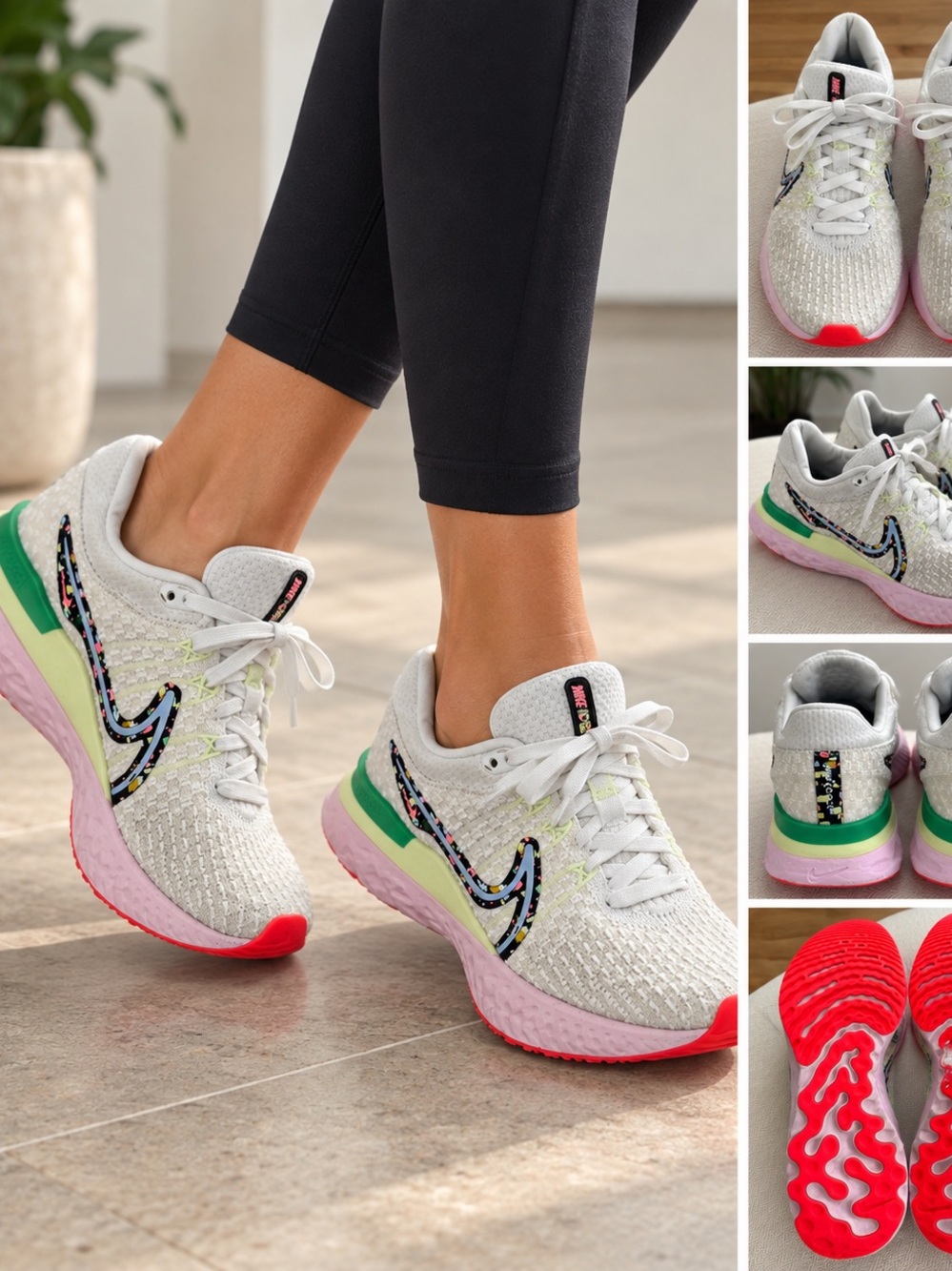 Nike White Running Sneakers with Multicolor Swoosh and Pink/Green Accents